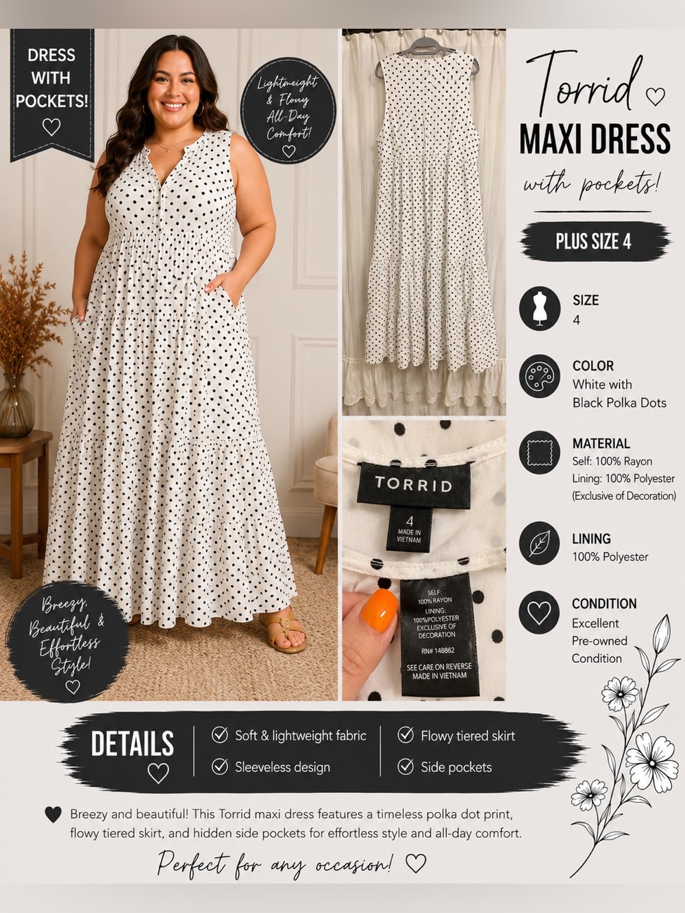 torrid White Maxi Dress with Black Polka Dots